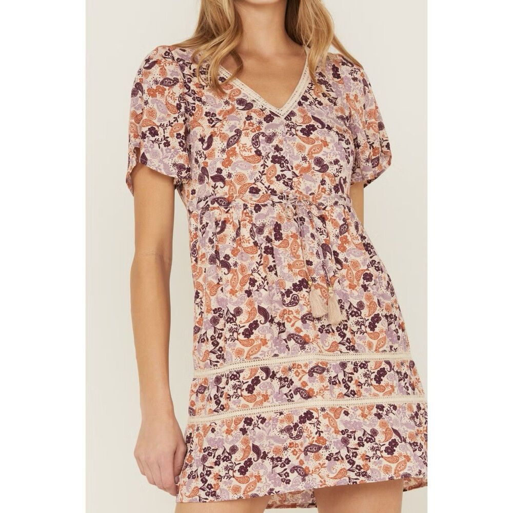 IDYLLWIND Blossom Court Floral Mini Dress Boho Womens L Lavender Multi Preppy